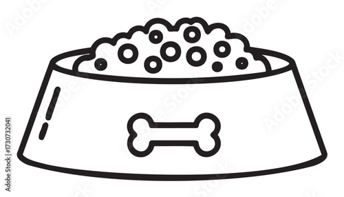 Black and white dog bowl with bone design filled with kibble - stock vector