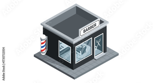 Isometric illustration of a barber shop with barber pole.