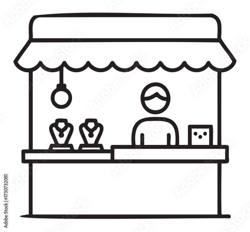 Jewelry vendor at market booth line art - stock vector