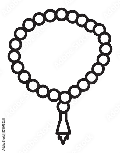 Black and white line art of a prayer beads necklace with tassel design - stock vector