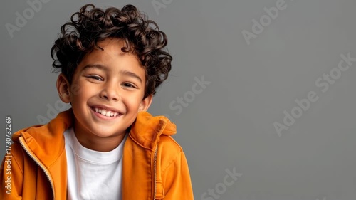 A joyful child wearing an orange jacket smiles brightly against a neutral gray background, exuding warmth and happiness.