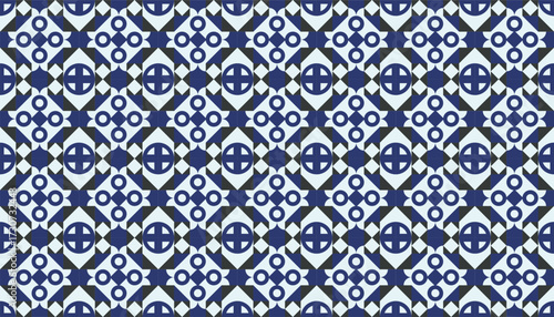 Seamless geometric pattern with circular and cross motifs in navy blue and white. Perfect for tiles, wallpapers, textiles, and modern backgrounds