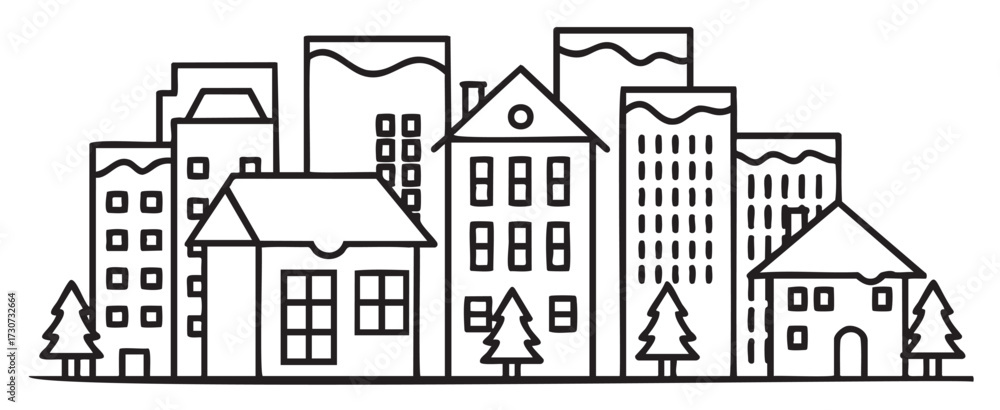 Fototapeta premium Black-and-white cityscape line drawing with trees and buildings - stock vector