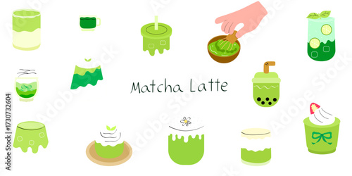 Set of matcha drinks with latte, bubble tea, lime soda, hot tea and whipped cream illustration