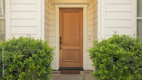 A front view of a closed wooden door with a doormat and bushes on each side of the house entrance