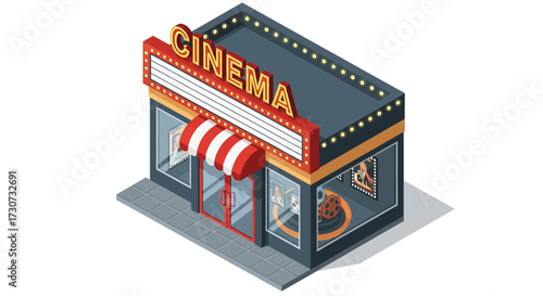 Isometric illustration of a cinema building with a marquee and posters.