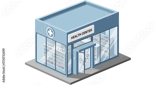 Isometric health center building with glass windows and a cross symbol.