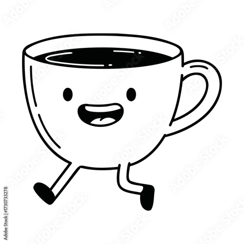 Cute walking coffee cup character with a happy smiling face, a simple black and white line art illustration