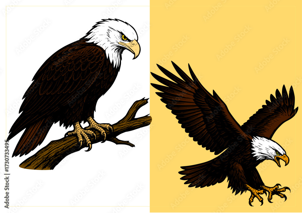 Fototapeta premium Set of two bald eagles in minimal line art style, one perched on a branch and one flying with wings spread. Elegant black and white vector illustration symbolizing freedom, strength, and wildlife beau