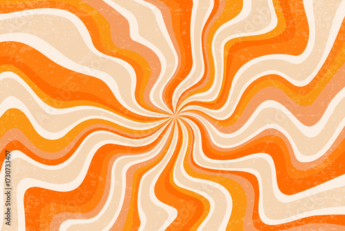 Retro sun background with pattern of groovy spiral radial rays. Textured carnival summer psychedelic bg. Abstract 70s wavy striped orange grunge textured poster.