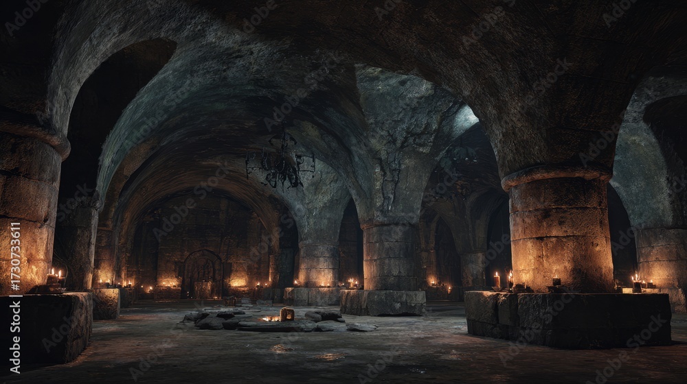 Fototapeta premium Dark underground catacombs with stone archways and flickering torches