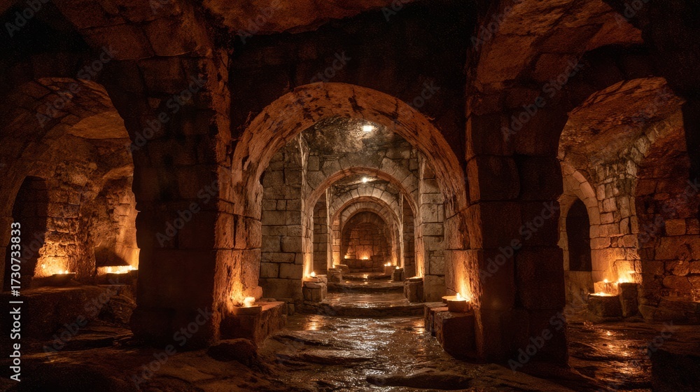Fototapeta premium Dark underground catacombs with stone archways and flickering torches