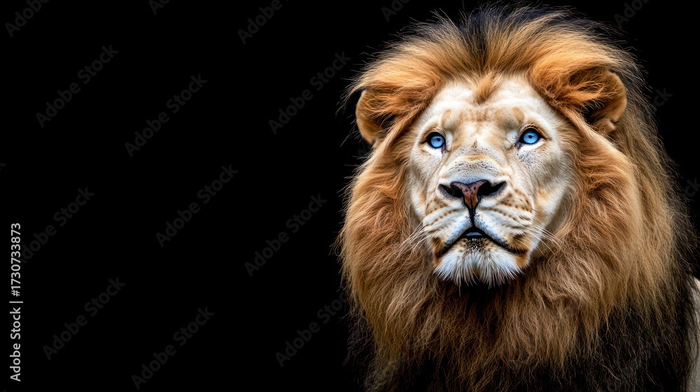 Fototapeta premium Majestic lion with striking blue eyes gazing intently against a black background.