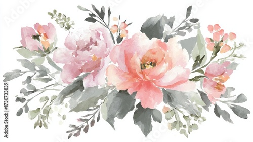 Exquisite watercolor rendering of blooming pink peonies with green foliage and delicate buds,