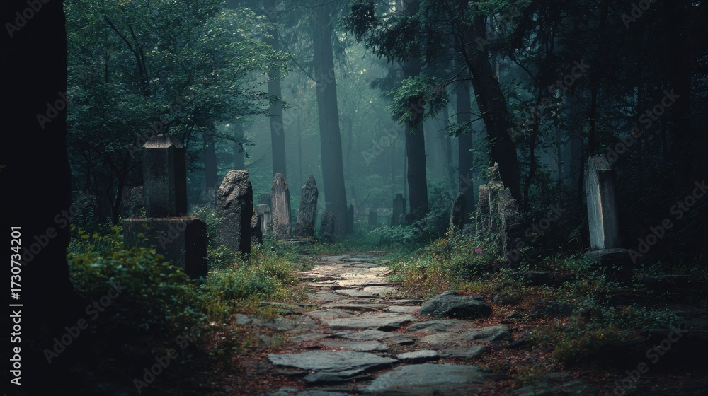 Fototapeta premium Dark forest path leading to creepy old cemetery with weathered tombstones and fog rolling between trees