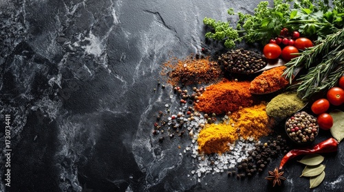 A vibrant assortment of spices and fresh ingredients arranged on a dark marble surface,
