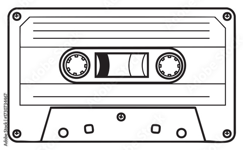 Retro cassette tape outline drawing showing front view with reels and details - stock vector