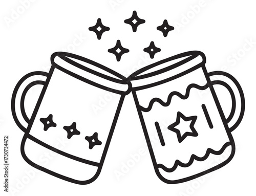 Two festive mugs clinking with stars celebrating joyful moments - stock vector