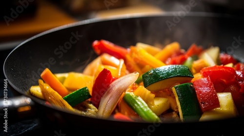 Freshly stir-fried colorful vegetables in a black skillet, including red bell peppers, green zucchini, yellow squash,