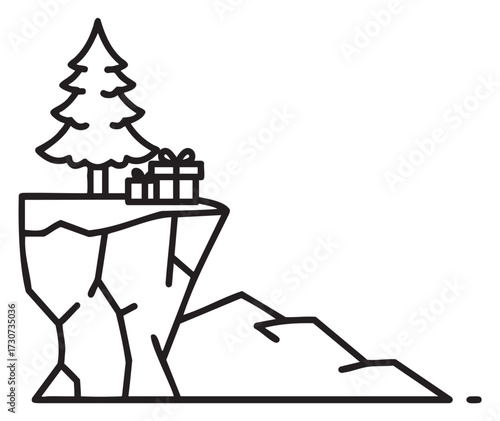 Christmas tree and gifts on cliff edge: festive minimalist line art illustration - stock vector