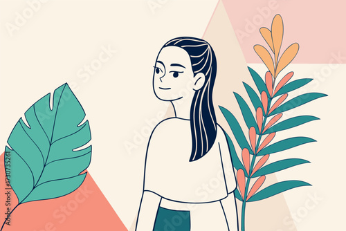 Minimalist Line Art Illustration of a Serene Woman with Lush Tropical Plants
