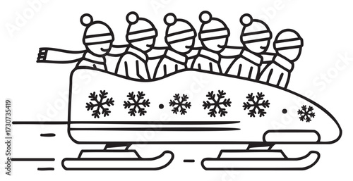 Cartoon group bobsledding in winter gear on snowflake-decorated sled - stock vector
