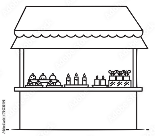 Cartoon dessert stall with cakes, candles, pies, and cookies on display table - stock vector