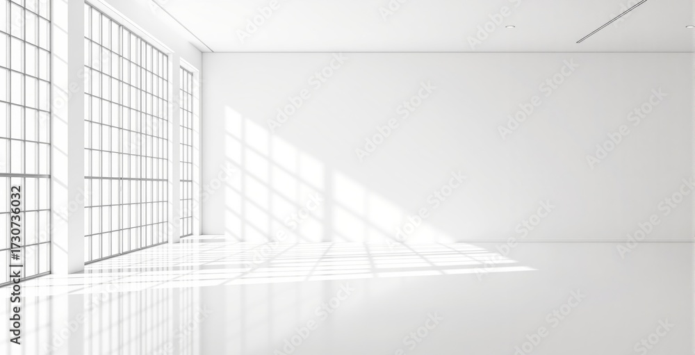 Obraz premium Bright empty interior space with large grid windows casting shadows on white walls and floor for architecture or poster mockup concept scene. Ai generative