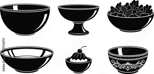 Collection of black and white bowl illustrations including salad, dessert, ornate decorative, pedestal dish, food container, kitchenware, culinary serving design