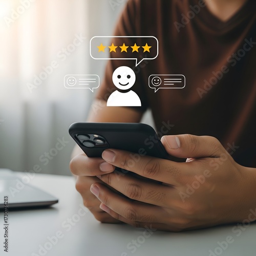 Customer leaving a five star review and feedback on a smartphone screen