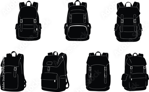 Backpack silhouettes, flap covers, zipper styles, buckle designs, front pockets, black vector, travel gear, fashion icons, accessory set, bag illustration