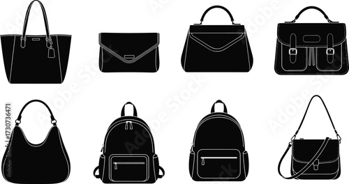 Bag silhouettes, tote, clutch, backpack, satchel, hobo, crossbody, handbag styles, black design, fashion vector, accessory set