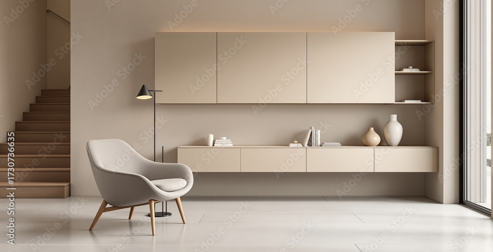 Fototapeta premium Minimalist beige living room with modern armchair, wall-mounted cabinets, and staircase in neutral architectural interior concept design style. Ai generative