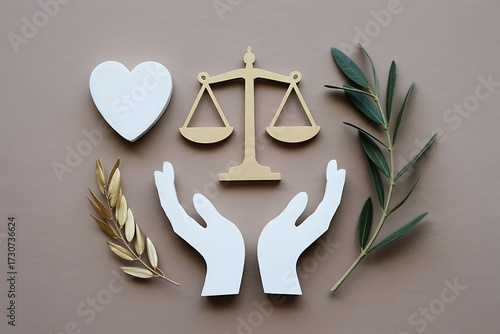 Symbolizing justice, compassion, and peace with scales, heart, hands, and olive branches in a serene composition for legal or humanitarian themes.