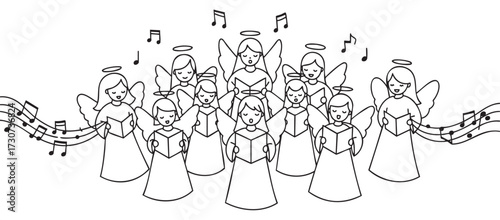 Children's choir singing with angels and musical notes in black and white illustration - stock vector