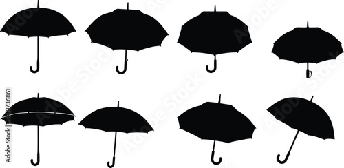 Black umbrella silhouette collection isolated on white background, vector illustration set of rain umbrellas, classic parasol design icons for protection