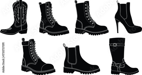 Boot silhouettes, cowboy, combat, ankle heel, Chelsea, work boot, mid-calf, black design, fashion vector, footwear styles, icons