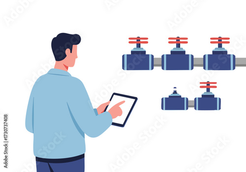 A professional man uses a tablet to inspect valves, showcasing modern industrial monitoring. Clean, bright illustration with a focus on technology and efficiency.