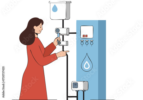 A professional woman installs sensors on a water management system. Clear, modern illustration showcasing setup and monitoring. Clean design, blue and beige tones.