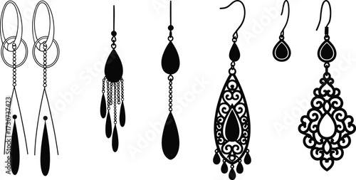 Earring silhouettes, teardrop styles, filigree patterns, chain elements, black vector, jewelry icons, fashion set, elegant accessories, earwear design