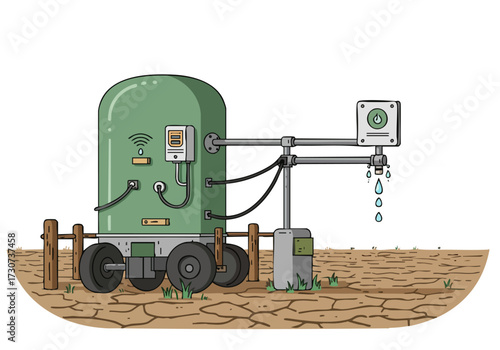 A robotic water delivery system irrigates a dry field.  Modern illustration depicting drought relief and sustainable agriculture.  Clear, stylized design.