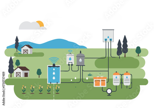 stylized illustration depicts a rural backup water supply system with a farmhouse fields and connected tanks Modern flat design with a bright airy feel Ideal for sustainability and agriculture themes