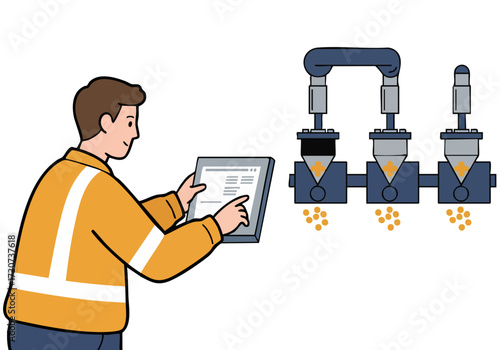 A technician monitors a robotic dispensing system, overseeing a precise feed. Modern industrial setting, clear visual focus.