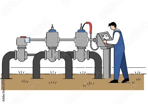 A technician troubleshoots irrigation valves on a farm. Clear, detailed illustration showcases agricultural technology and maintenance. Modern, professional style.