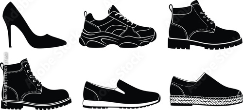 Footwear silhouettes, pump, sneaker, work boot, slip-on, dress shoe, black design, fashion vector, shoe styles, accessory icon
