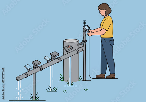 A woman adjusts a smart irrigation system, monitoring water usage during a drought. Clear, modern illustration showcasing water conservation. Focus on sustainable practices.
