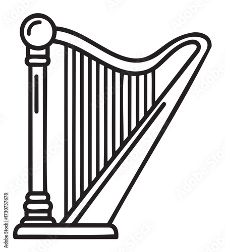Black and white line art of elegant harp design with graceful curves - stock vector