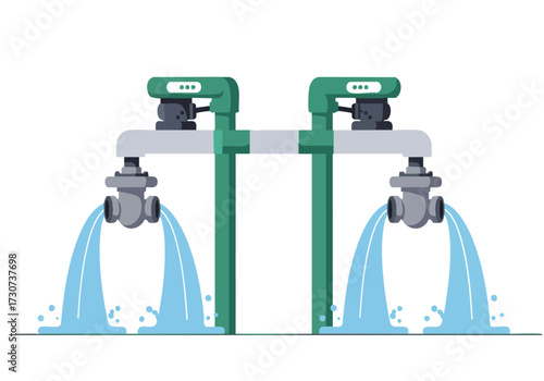 Two faucets dramatically display water flow, creating a dynamic visual. Modern design, contrasting streams, and a clean background offer a striking composition for commercial use.