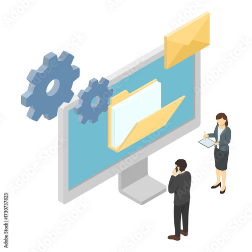 Isometric illustration: People working in front of a computer
