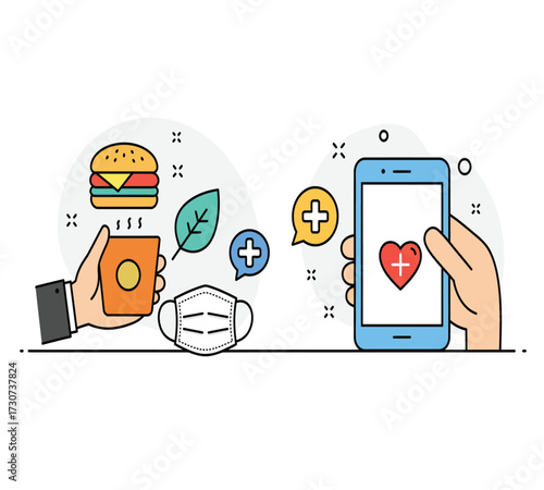 Illustration of a healthy lifestyle with a coffee cup, a red mug, a burger, a leaf, a computer, a trash can, a lamp, and a smartphone concept of balance and wellbeing